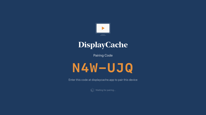 6-character pairing code displayed on a new DisplayCache device awaiting setup