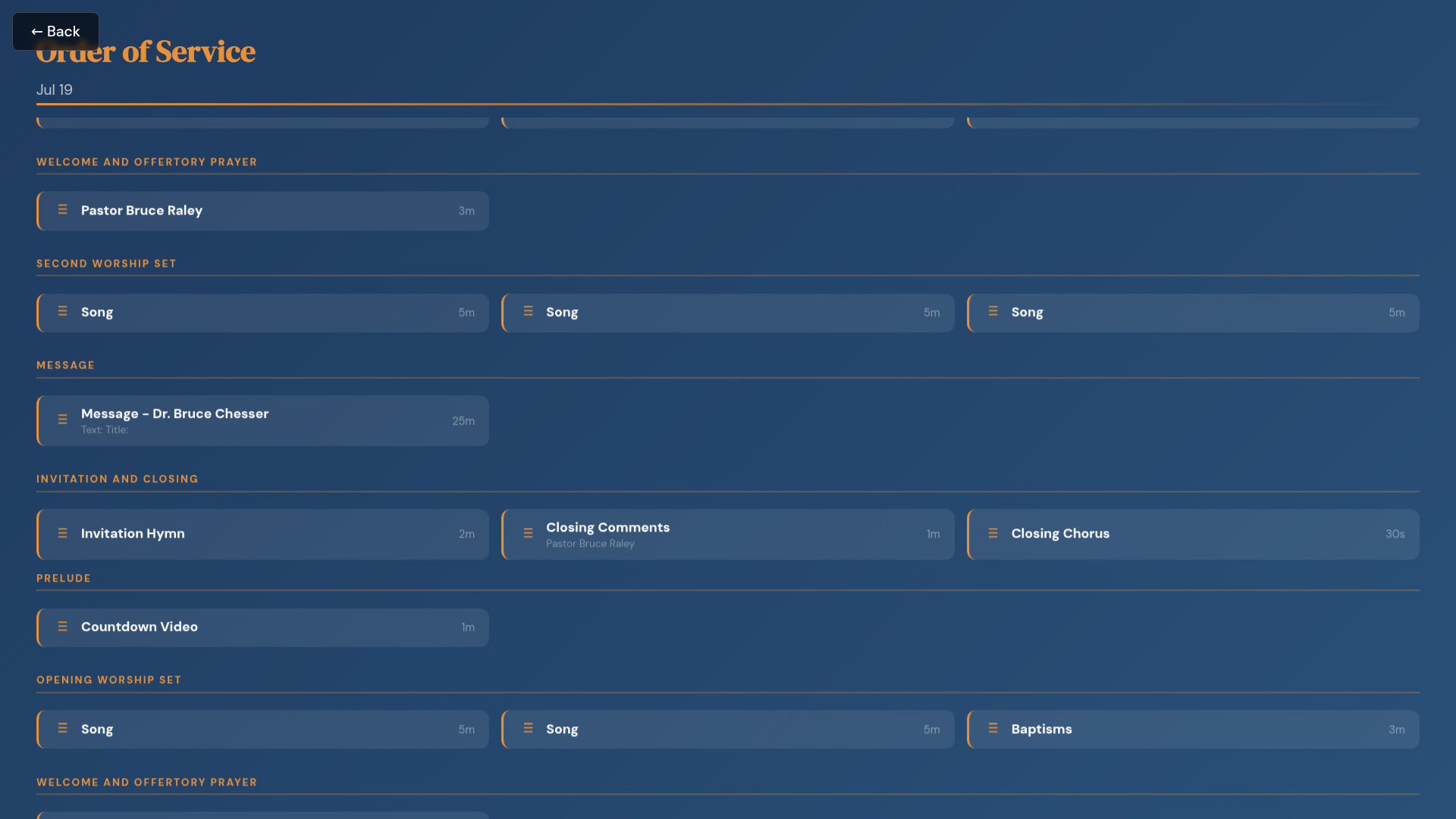 Planning Center order of service rendering natively on a backstage display